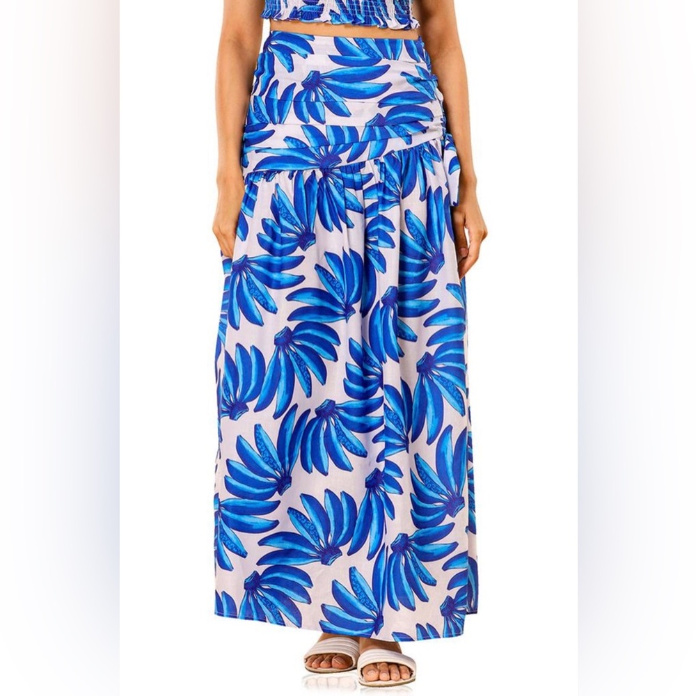 Blue Leaf Print Maxi Skirt - Picture 1 of 10